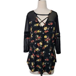 Ultra Flirt Tunic Top Comfy Soft Womens Plus 2X Black Floral Mesh Stretch Shirt